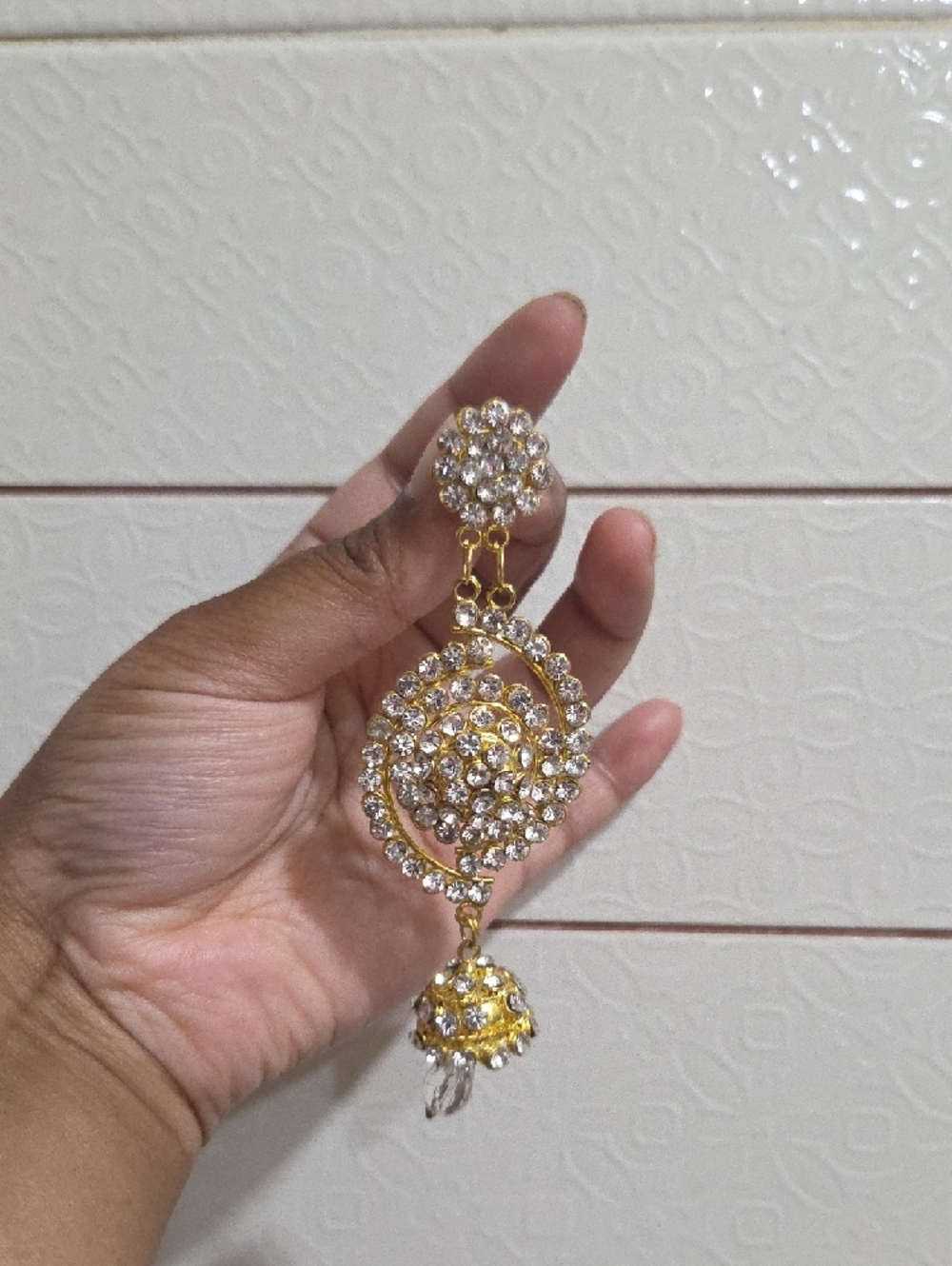 Gold Crystal Spiral Drop Earrings - Clear Rhinestone Jewelry View 2